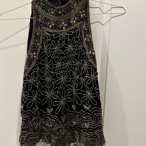 Papell Boutique Black and Gold Vintage Beaded Embellished Top